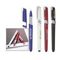 Cap-off plastic stylus pen in metallic colors. Cap can be a phone holder.